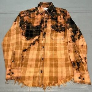 A Rare Bird Acid Bleach Wash Plaid Flannel‎ Shirt Women Distress Preppy-S-4144